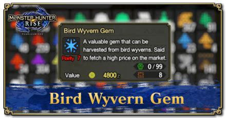 Bird wyvern gem mhrise - A valuable gem that can be harvested from Jaggi and other bird wyverns. 7. Rare. 99. Carry. 4850z. Sell. Categories. Bird Wyvern.